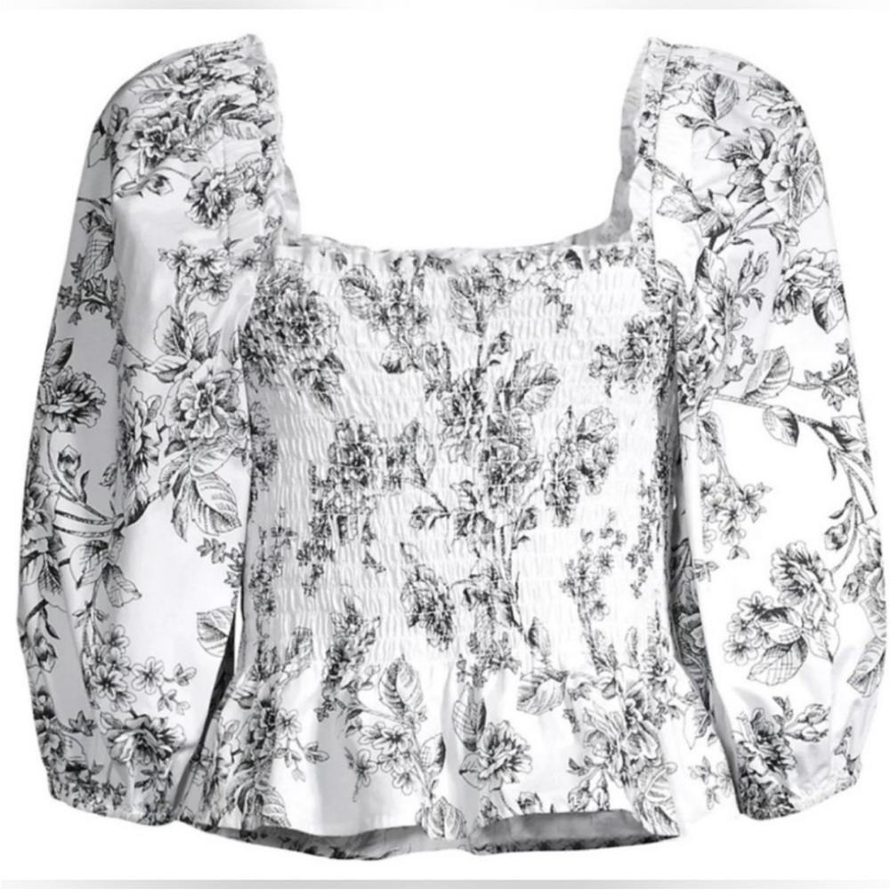 RACHEL PARCELL black and white romantic floral smocked puff sleeve top size 0